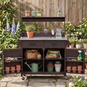 54.1" Outdoor Kitchen Island with High Shelf, Large Outdoor Potting Bench Table with Stainless Steel Top and Storage Cabinet