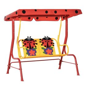 Porch Swing for Kids with Adjustable Canopy to Block Sun at Angles, Kids Swing Chair with Seatbelts, Ladybug Pattern, Gift for Kids Ages 3-6, Red