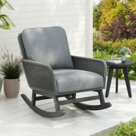 Contemporary Minimalist Gray Wicker Rocking Chair with Soft Polyester Cushions and Durable Wooden Frame